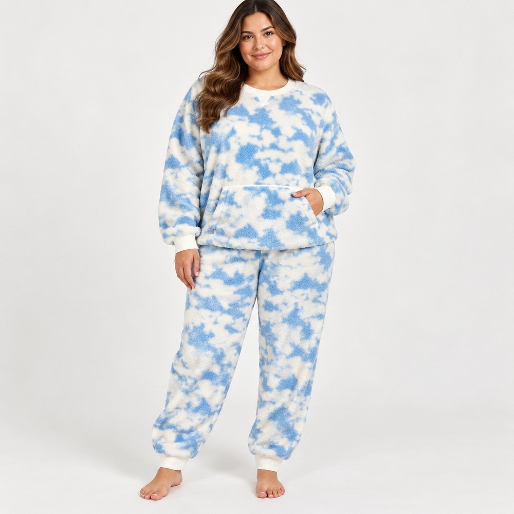 Jambys Sherpa Pajama Set Women 2X Blue White Cloud Print Fuzzy Fleece Jogger 2PC